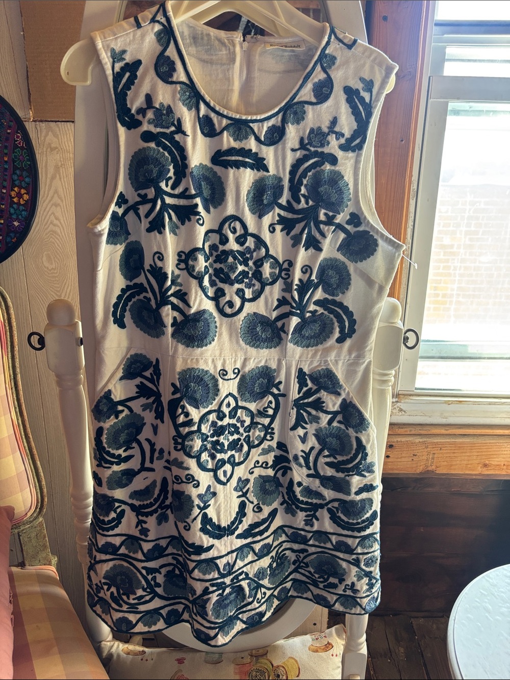 Roller Rabbit White Sleeveless Dress with Teal Embroidery